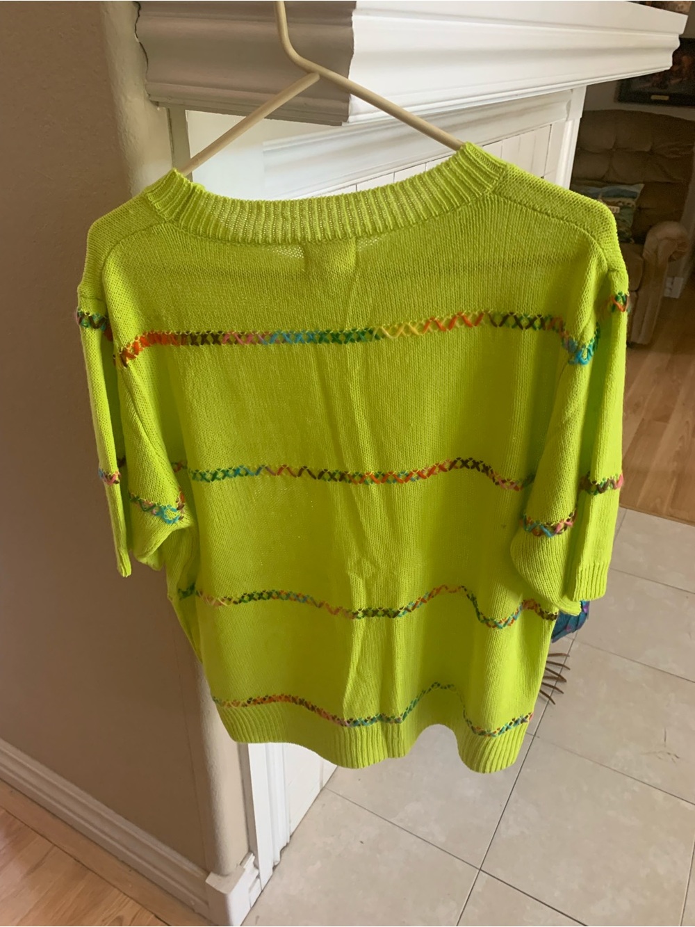 Lime Green Lover’s BiBi Knit Top with Multi-Color Cross Stitch Lines Sz XL - Picture 3 of 7